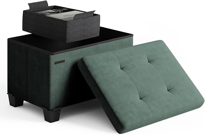 STORAGEBUD Storage Ottoman Cube with Small Bin, 16-in Square Ottoman with Storage for Living Room and Bedroom, Small Ottomans Foot Rest, Velvet Foot Stools Ottomans Max 330lbs, Green