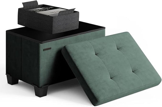 STORAGEBUD Storage Ottoman Cube with Small Bin, 16-in Square Ottoman with Storage for Living Room and Bedroom, Small Ottomans Foot Rest, Velvet Foot Stools Ottomans Max 330lbs, Green