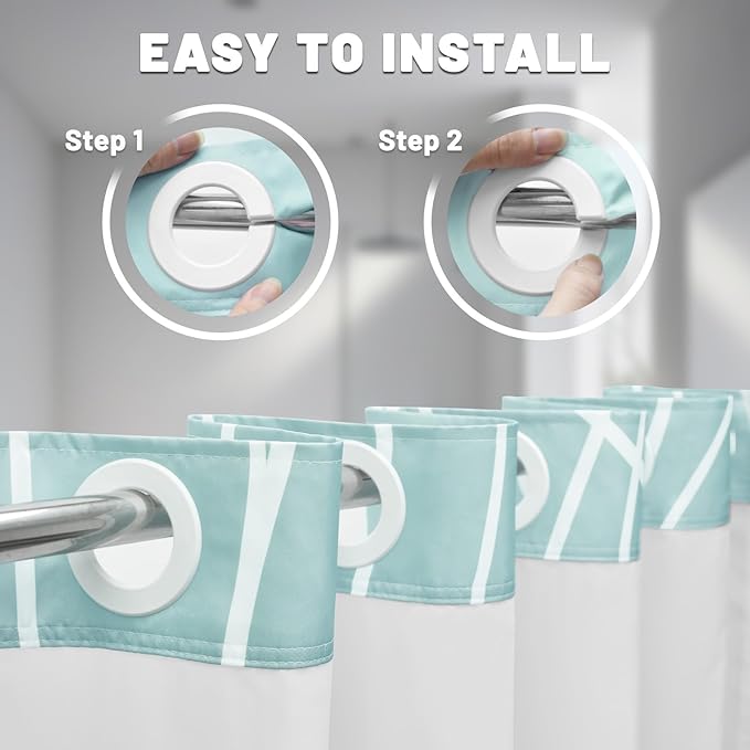 No Hook Ombre Teal Striped Shower Curtain with Snap in Liner Set - Hotel Shower Curtain and Liner Set with See Through Mesh Top Window,Machine Washable, 71x74 INCH