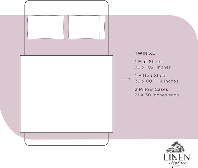 Linen Home 100% Cotton Percale Sheets Twin XL Size, Mauve Lavender, Deep Pocket, 3 Pieces Set - 1 Flat, 1 Deep Pocket Fitted Sheet and 1 Pillowcase, Crisp Cool and Strong Bed Linen