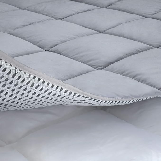 Cooling Mattress Pad Cover (Twin - Grey), Topped with 100% Cotton Cover and Mesh Shell Underlay, Snow Fiber Filled, Soft, Temperature Regulated, Premium Mattress Protector, Machine Washable