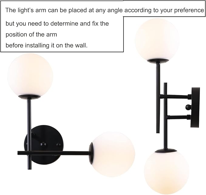 Black Globe Wall Sconces, 2-Light Modern Matte Black Vanity Lights with White Globe Glass Shade, Industrial Farmhouse Wall Lamp for Bedroom, Living Room, Kitchen, Bathroom