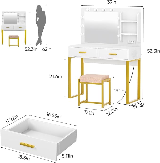 Semiocthome Makeup Vanity Desk with Mirror and Lights, Vanity Table with Power Outlet, Shelves, 2 Drawers, and Metal Frame, 3 Lighting Modes & Adjustable Brightness Dressing Table with Chair - White