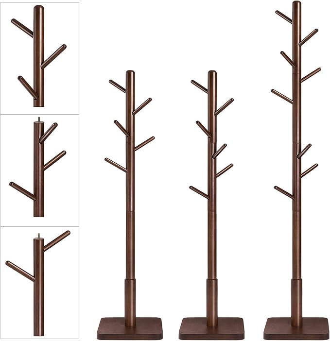VASAGLE Solid Wood Coat Rack, Free Standing Hall Coat Tree with 8 Hooks, 3 Height Options, for Coats, Hats, Bags, Purses, for Entryway, Hallway, Rubberwood Hooks and Pole, Dark Walnut URCR010W01