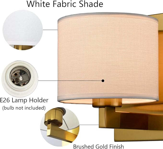 SAMTEEN Gold Wall Sconces Set of Two Mid Century Modern Brass Sconces Wall Lighting with Drum Shade Wall Lamp for Bedroom Hallway Foyer Living Room