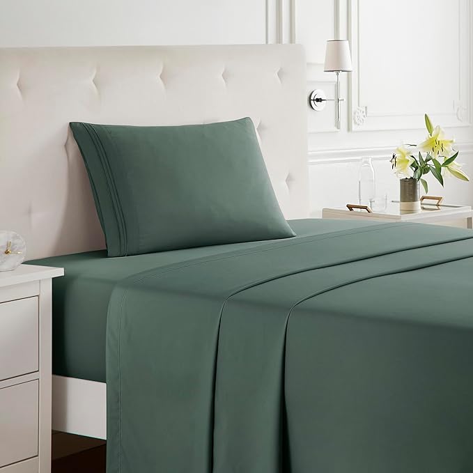 Clara Clark Bed Sheets, Premier 1800 Series Bed Sheet Set, Deep Pocket, Wrinkle, Fade, Stain Resistant, Luxury Soft Bedding Sheets & Pillowcases, Twin, Forest Green