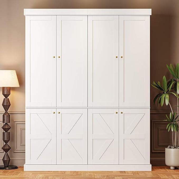 Vyre 70.8" Tall White Bookshelf with Doors, Farmhouse Modular Bookcase with 4-Tier Adjustable Shelves, Large Storage Cabinet for Home Office, Living Room, Set of 3