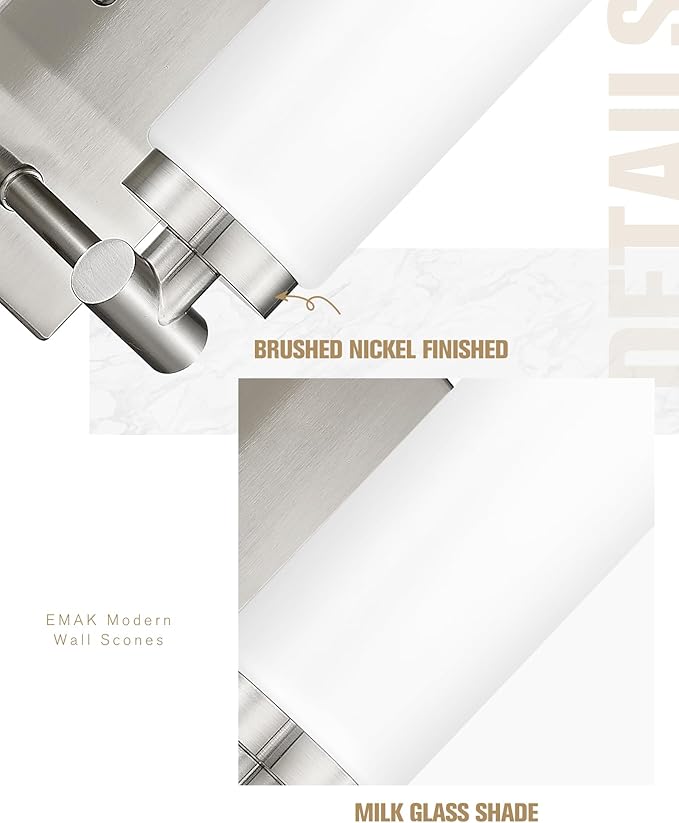 Emak Brushed Nickel Wall Sconces, 2 Light Bathroom Light Fixtures with Milk Glass Shade, Modern Wall Lights for Bathroom, Mirror, Living Room, Bedroom, Gallery, WS086-BN-ML-2PK