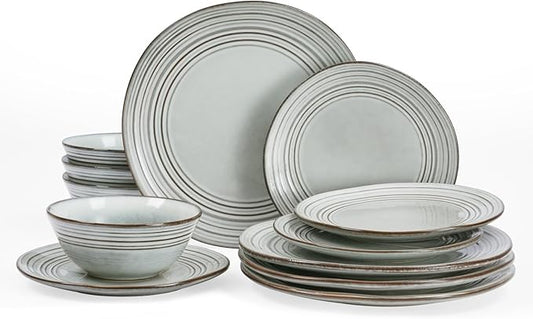 Famiware Plates and Bowls Sets 12-Piece Stoneware Dinnerware Sets, Dishes Set for 4, Hand-made Reactive Glaze Dish Set, Twilight Series, Ashy Blue