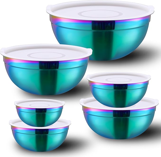 6-Piece Rainbow Stainless Steel Baking & Mixing Bowls Set, Cereal, Dessert, Rice, Fruit & Dipping Bowls, Deep Soup Bowl, Airtight Lid