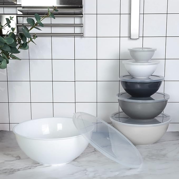 BoxedHome BPA Free Plastic Round Mixing Bowl with Lids, 12 Pack Nesting Bowls with Lids Set, Microwave and Dishwasher Safe Prep & Serving Bowls Great for Mixing, Baking, Serving (White, 12pcs)