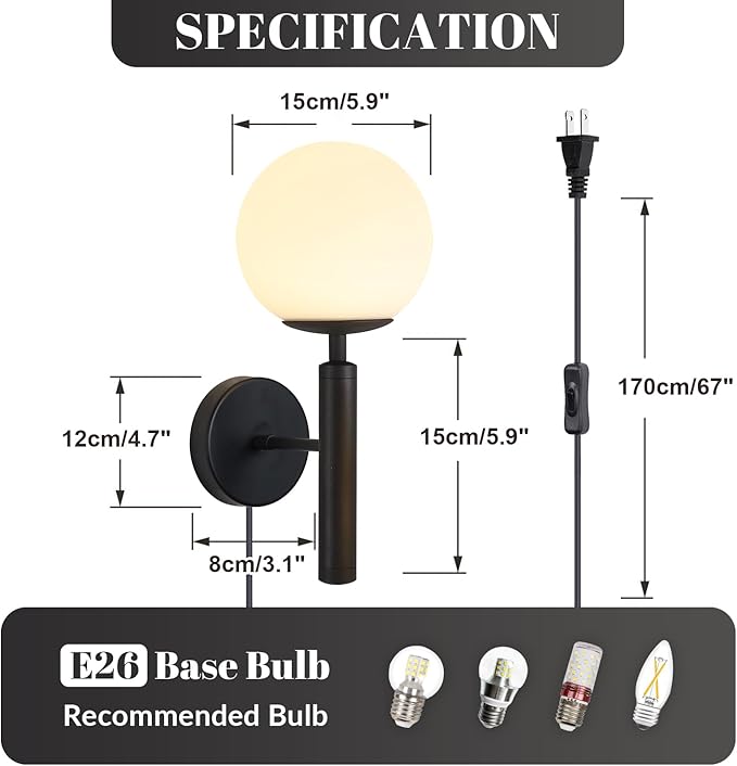 KCO Lighting Plug in Wall Sconce Light Black Vintage Industrial Wall Light White Glass Shade Bedside Wall Lamp for Bedroom Stairs Hallway(Black Plug in)