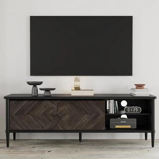 Lenia Solid Wood TV Stand – Mid-Century Modern Entertainment Center, Wooden Media Console with Chevron Doors, Adjustable Shelves & Cable Management – Sturdy Design – Mocha Black Finish