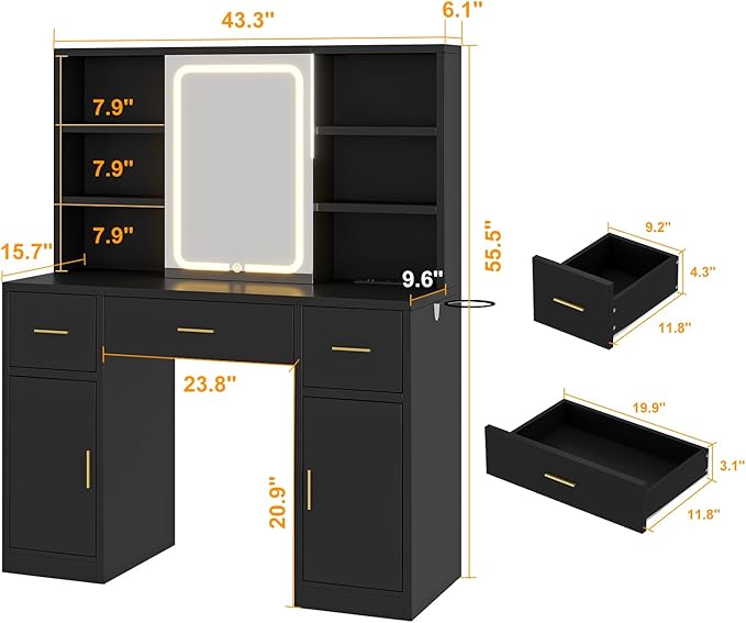 Vanity Desk with Sliding Mirror & LED Lights, Smart Makeup Table with Charging Station, Hairdryer Holder, 7 Shelves, 3 Drawers, 2 Cabinets, Vanity with Extra Hidden Stroage for Bedroom,Black