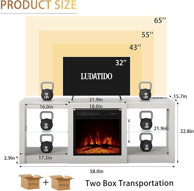 Ludatido 58 Inch TV Stand with 18 inch Fireplace Insert LED Light Entertainment Center Electric Fireplace TV Stand with USB&AC Power Interface for Living Room/Bedroom/Media Room Use(White)