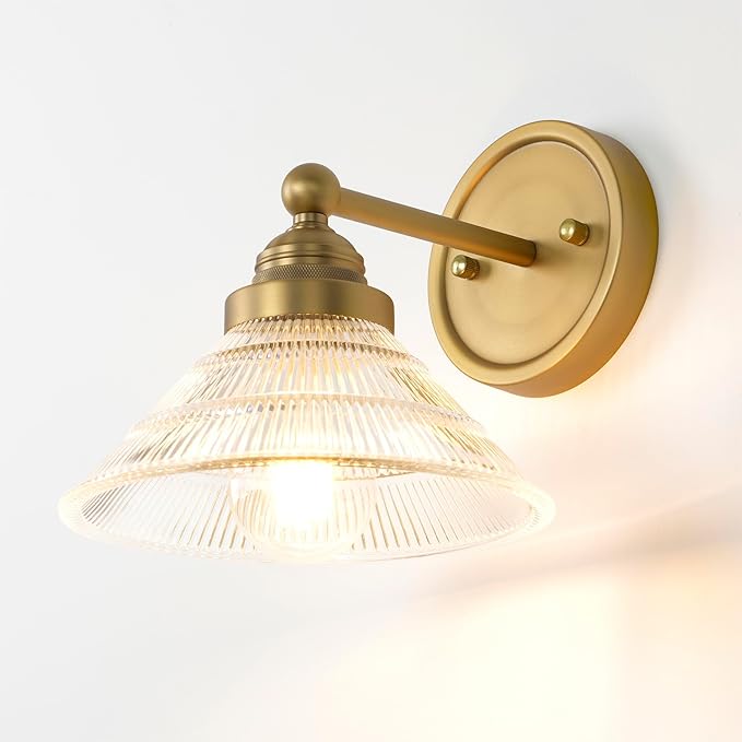 Vintage 1-Light Wall Sconce with Clear Ribbed Glass Shade, Industrial Hardwired Wall Light Fixture for Bedside Living Room Vanity Bathroom Hallway
