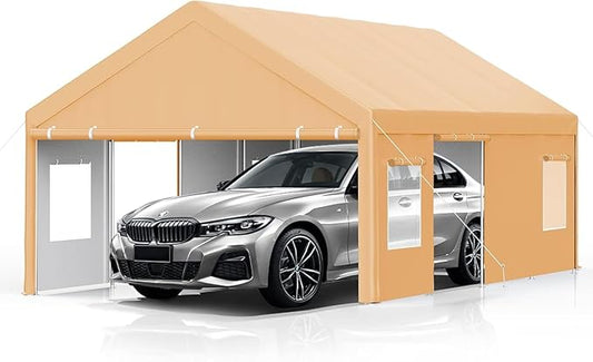 13x25FT Heavy Duty Carport, Outdoor Garage Canopy with 4 Roll-Up Doors and Mesh Windows, Large Portable Shelter Tent for Car, Truck, Boat, Party, Market