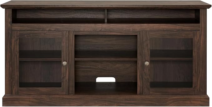 HMFULE 60" Farmhouse TV Stand for 60 65 Inch Television, Entertainment Center with 2 Storage Cabinets Glass Doors & Adjustable Shelves, 29" Tall Media Console Rustic Furniture for Living Room (Brown)