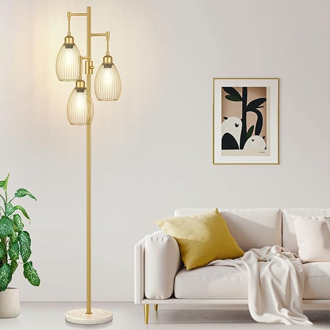 Dimmable Floor Lamp,3x800LM LED Bulbs Included, Farmhouse Industrial Floor Lamp Standing Tree Lamp with Teardrop Cage Head Tall Lamp for Living Room Bedroom Office Dining Room - Gold & Marble Base