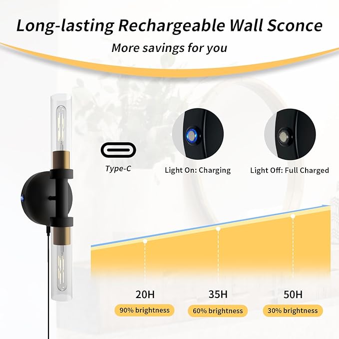 Rechargeable Battery Operated Wall Sconce Set of 2, Dimmable Wall Light with Touch Control, Wireless Bathroom Vanity Lights Over Mirror, Modern Wall Lamp for Living Room Hallway, Black Gold