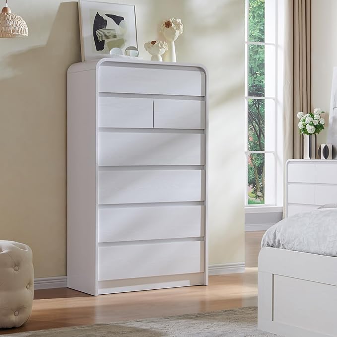 Modern 7 Drawers Dresser for Bedroom, 55" Tall Dressers & Chest of Drawers w/Curved Profile Design, Wood Mid Century Vertical Storage Dressers Organizer for Bedroom, Living Room, White