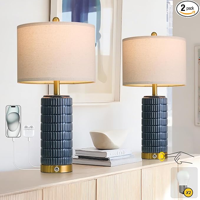 PoKat Touch Bedside Table Lamps with USB Ports for Bedroom, 25'' Dimmable Nightstand Touch Lamps for Living Room, Blue Ceramic Lamps with Gold Base for Night Stands Bedroom, Nursery, Dark Blue