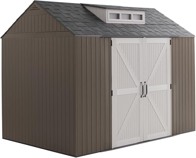 Rubbermaid Extra Large Resin Outdoor Storage Shed With Floor (7 x 10.5 Ft.) Weather Resistant Brown Organization for Home/Lawn Mower/Backyard Equipment/Bike Storage/Pool Supplies