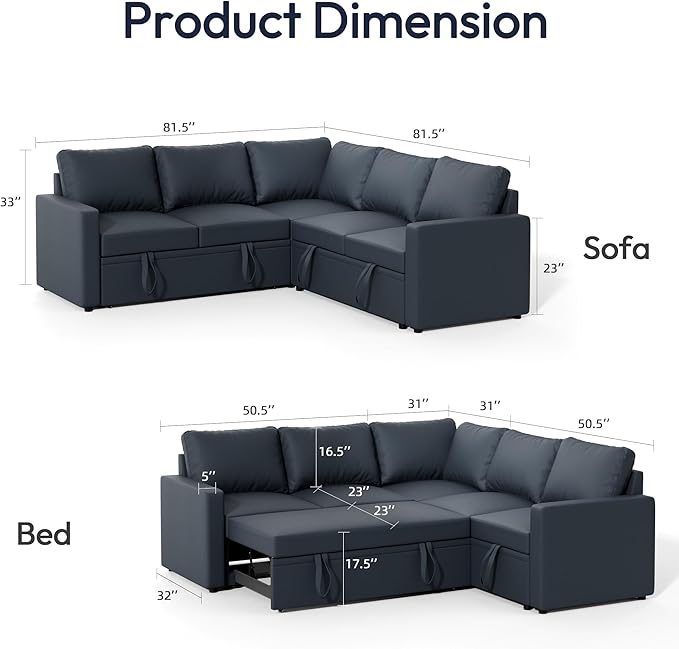 Sleeper Sofa Bed, Modular Sectional Couch with Pull Out Bed, L Shaped Sectional Convertible SofaBed with Storage Seat, for Living Room Apartment Bedroom Office Dark Gray Linen