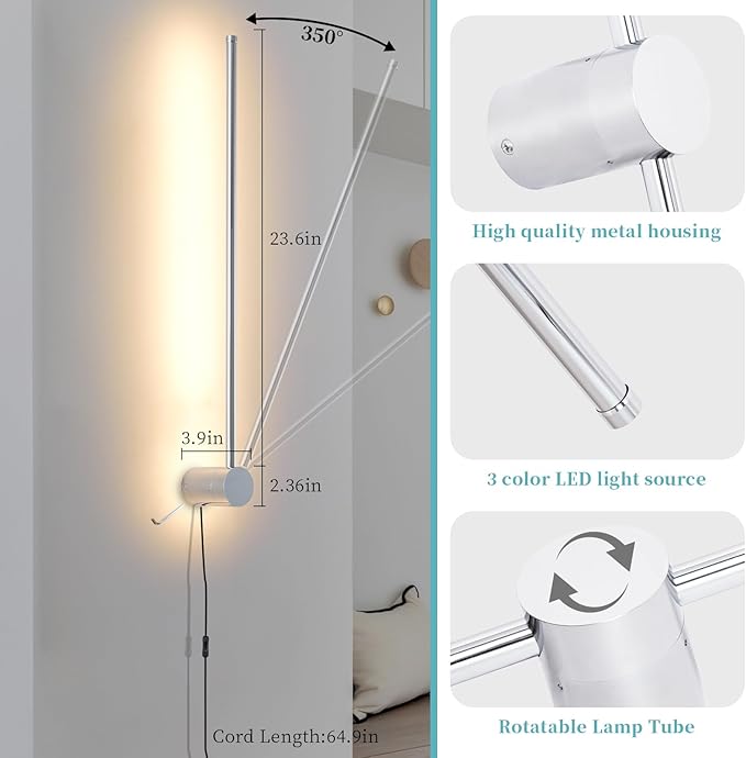 Modern LED Plug in Wall Sconces Set of Two,Chrome Dimmable 23.6" Wall Lighting,Bathroom Vanity Light Fixtures,Metal Wall Lamps with Memory Function for bathrooms,bedrooms,Living Rooms,Hallway