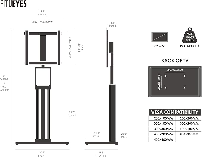 FITUEYES Design Wood TV Stand Swivel Mount with Hidden Back Storage for 32-65 inch TV Screens, Scandinavian Style Tall Floor TV Stand for Home Decor with Reinforced Base, Zen Series, Black