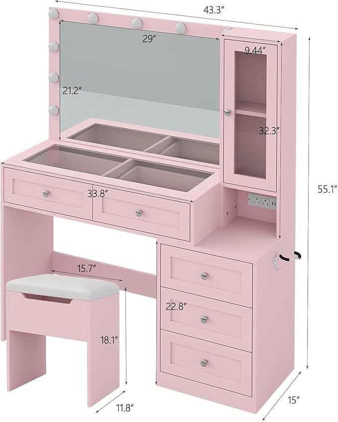 Pink Vanity Desk with Illuminated Mirror & Power Outlet,Vanity with RGB Light Strip and 12 LED Lights,Vanity Table with Chair,Set 3 Lighting Modes Brightness Adjustable