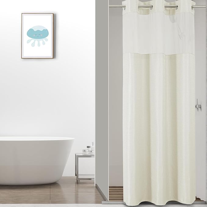 Colorful Star Small Stall Waffle Weave Shower Curtains, 256GSM Heavy Duty Shower Curtain with Snap in Fabric Liner, Hotel Style No Hook Waterproof Bathroom Curtain Set, 36 x 75 Inch, Ivory