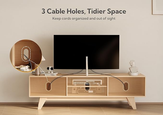 Claiks Mid-Century Modern TV Stand for 65 inch TV, Wood Fluted TV Stand with Storage and Adjustable Shelves, Low Profile TV Console for Living Room, Oak