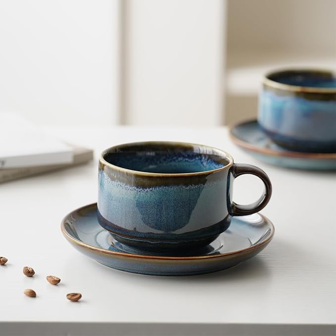 Ceramics 10oz Cappuccino Cups with Sacuer, Set of 2, Coffee Cup for Au Lait, Latte, Tea, Mocha-Set of 2, Dishwasher and Microwave, Reactive Blue