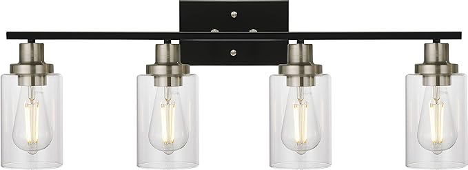 MELUCEE 4-Light Modern Vanity Lights with Clear Glass Shade, Black Bathroom Lighting Fixtures Over Mirror Brushed Nickel Wall Mount Lamp for Vanity Table Mirror Cabinets (Patent No.: US D963914 S)