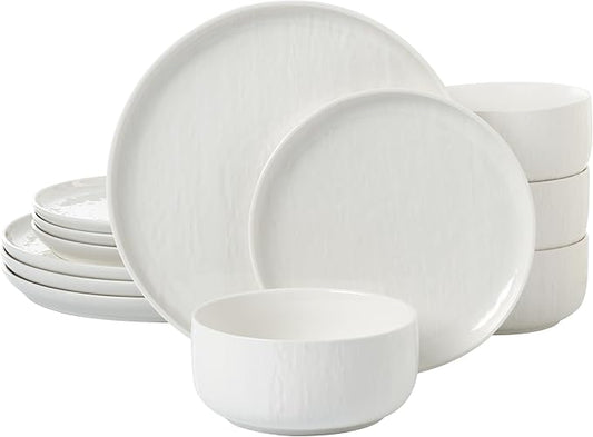 “Kai” 12-piece Stoneware Dinnerware Set with Protective Glaze Finish, Service for 4, White