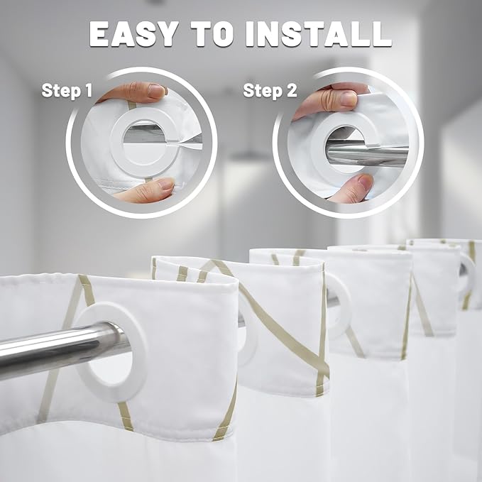 No Hook Beige Khaki Striped Shower Curtain with Snap in Liner Set - Hotel Shower Curtain and Liner Set with See Through Mesh Top Window,Machine Washable, 71x74 INCH