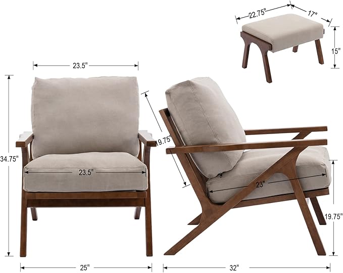 Wahson Set of 2 Mid Century Arm Chairs and Ottomans, Upholstered Accent Armchair with Wood Frame and Canvas Cushions, Leisure Slipper Chair for Living Room/Bedroom, Beige