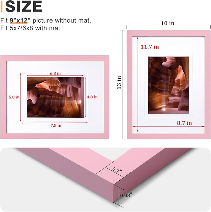 Egofine 9x12 Picture Frame Made of Solid Wood Covered by Plexiglass, Wood Frame for Pictures 5x7/6x8 with Mat or 9x12 without Mat, Tabletop and Wall Mounting Display, Pink