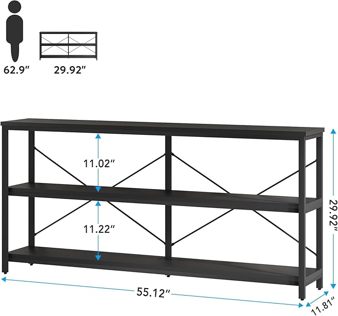 Tribesigns Sofa Table, 3 Tiers TV Console TV Stand Long Sofa Table with Storage Shelves for Hallyway, Living Room, 55 Inch