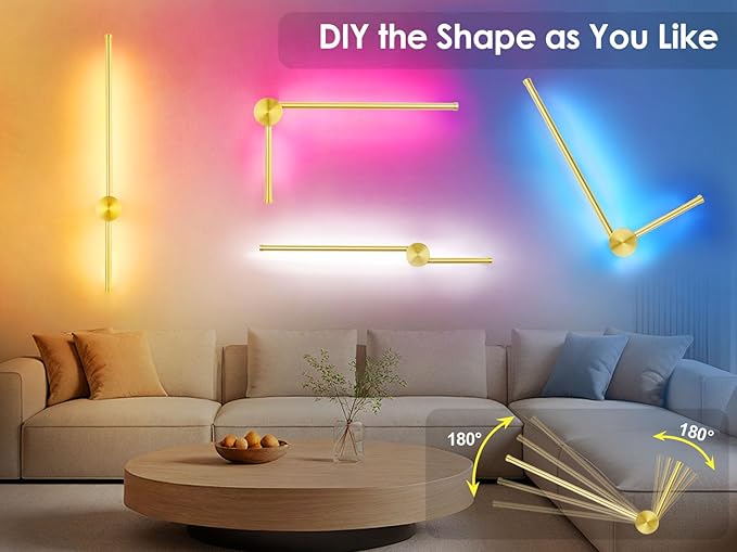 23.6 Inch Battery Operated Wall Sconce, 12000mAh Rechargeable Wall Sconce with Remote Control, Dimmable LED Wireless Wall Light for Bedroom, Living Room, 15 Colors, 180° Rotate, Gold, 1 Pack