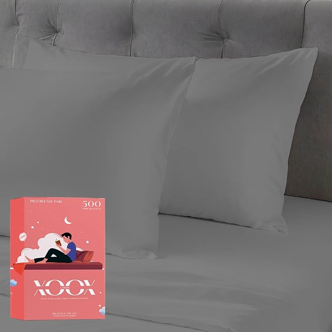 XOOX Linen 100% Cotton Pillowcases Standard/Queen Size Set of 2-500 Thread Count Cotton Pillowcases, Soft Cooling Pillow Cases for Sleeping, Pillow Covers for Standard/Queen Pillows - Dark Grey