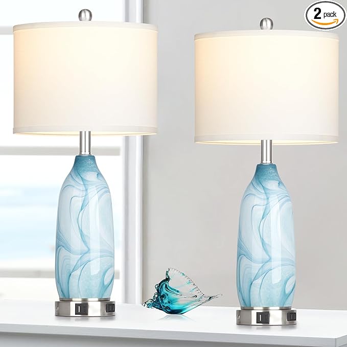 26" Coastal Glass Table Lamps Set of 2, Touch Control Bedside Lamp with USB A+C Ports and AC Outlet, Blue Lamp with Night Light for Nightstand Living Room Bedroom, 2 LED Bulbs Included