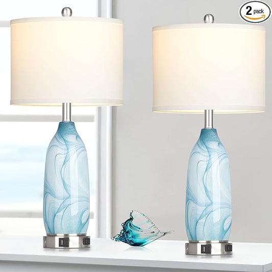 26" Coastal Glass Table Lamps Set of 2, Touch Control Bedside Lamp with USB A+C Ports and AC Outlet, Blue Lamp with Night Light for Nightstand Living Room Bedroom, 2 LED Bulbs Included