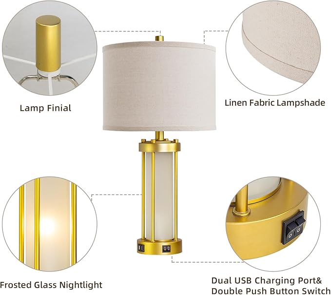RORIA Modern Table Lamps for Living Room Set of 2, Farmhouse Bedroom Lamps for Nightstands with Dual USB Ports, Gold Bedside Lamps with White Frosted Glass Nightlight, 4 Bulbs Includes (Gold)