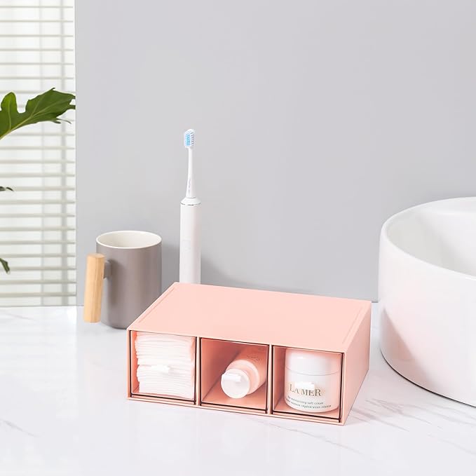 Plastic 3 Drawer Organizer for Cosmetic Storage, Desk Organizer, Makeup Organizer for nail polish, Lipstick, Brushes, Jewelry, Skincare, Bathroom Organization Boxes - Pink