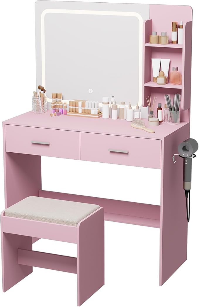 Makeup Vanity with Lighted Mirror & Electrical Outlet - 2 Shelves, 2 Drawers, Bottom Storage - Comes with Upholstered Stool （Pink）