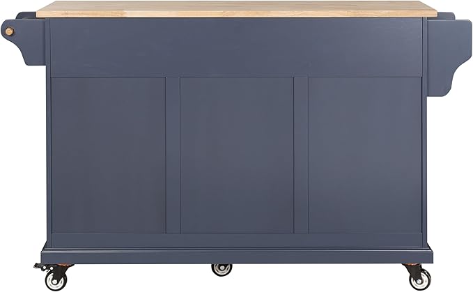 Rolling Solid Wood Kitchen Island with Rubberwood Top, 3 Drawers, 2 Cabinets, Adjustable Shelves, Spice Rack & Locking Wheels – Painted Finish, Navy Blue