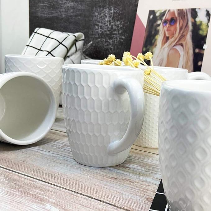 Schliersee 16 OZ Coffee Mugs Set of 6, White Ceramic Coffee Mug, Geometric Pattern Coffee Cups for Latte, Hot Tea, Cappuccino, Mocha, Cocoa, Espresso cups