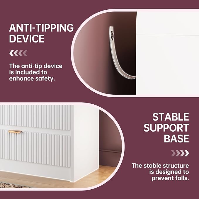 FURSUN Fluted 6 Drawers Dresser for Bedroom, 54" Wide Wooden Dresser with Metal Handle, Curved Profile Design, Modern Storage Organizer for Living Room, Hallway (White)